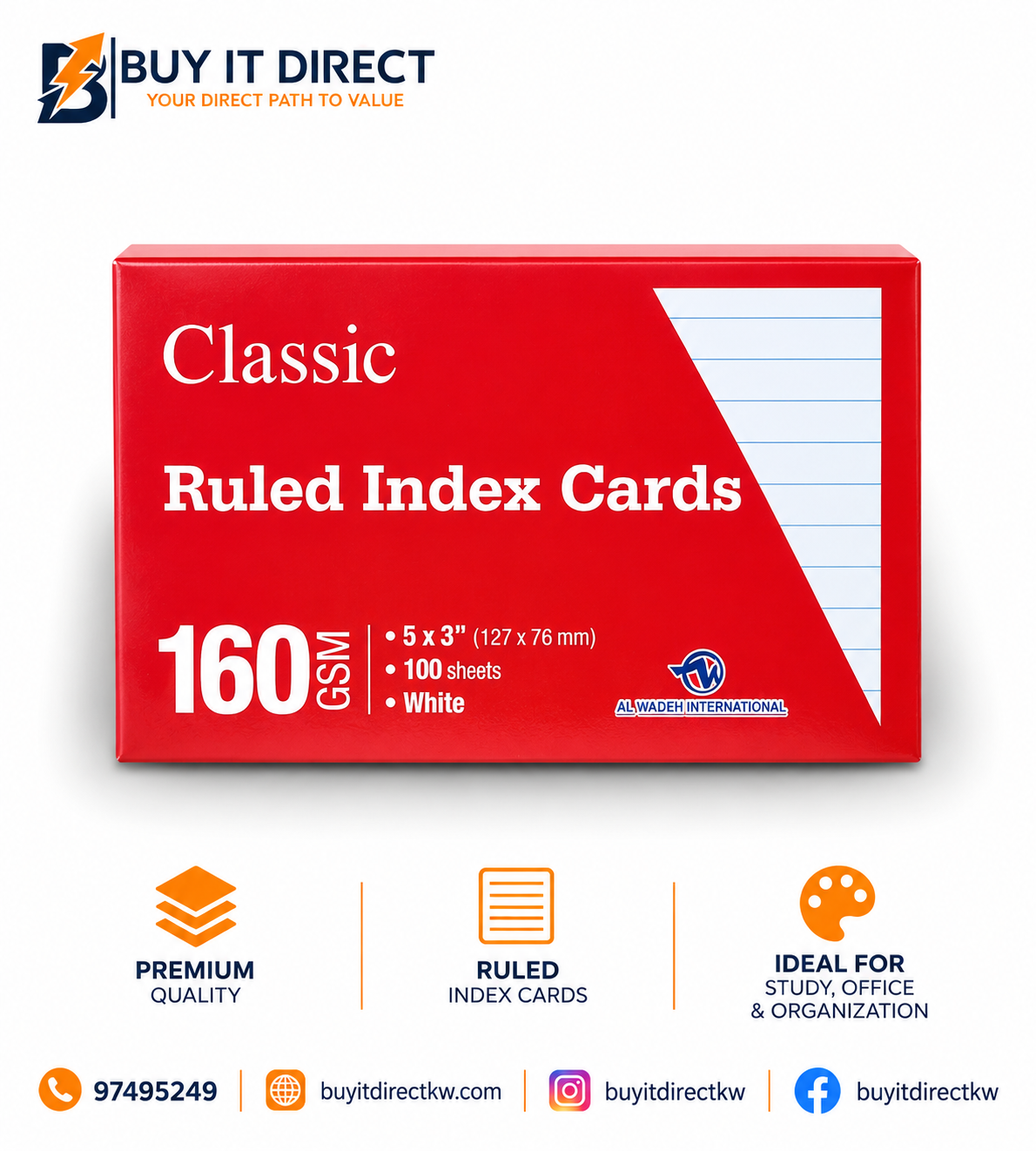 Ruled Index Cards 5 x 3 Inches 160 GSM White 100 Sheets