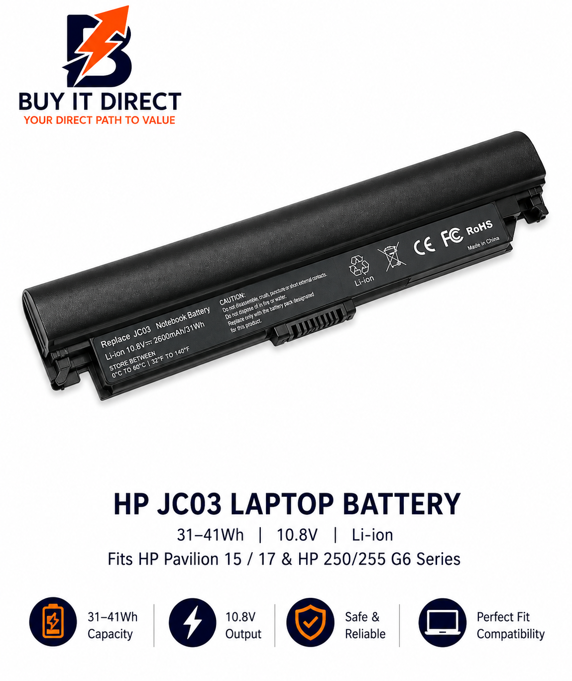 HP JC03 Laptop Battery 31 41Wh Fits HP Pavilion 15 17 and HP 250 255 G6 Series