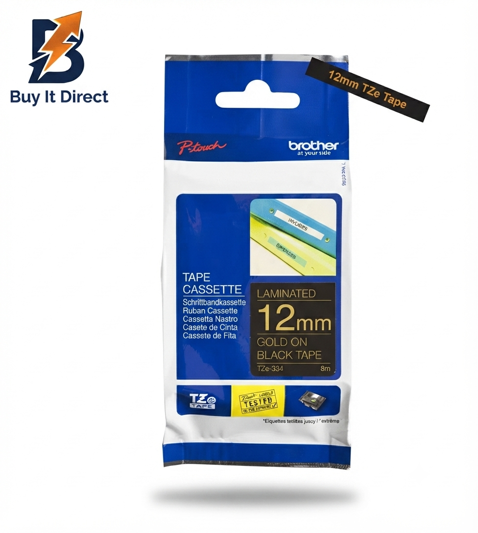 Brother Genuine TZe-334 Labelling Tape Cassette – Gold on Black, 12mm Wide