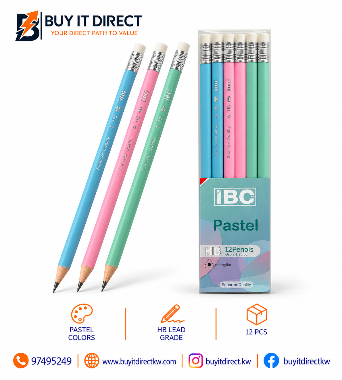 Pastel HB Graphite Pencils – 12 Pcs (Blue, Pink & Mint)