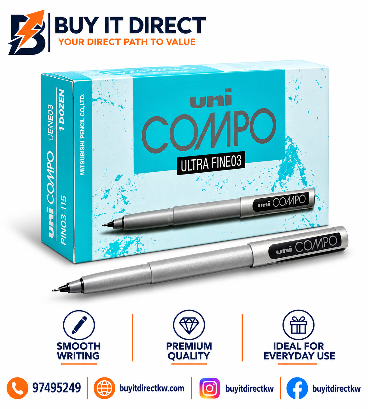 UNI COMPO Ultra Fine 03 Black Pen Pack of 12