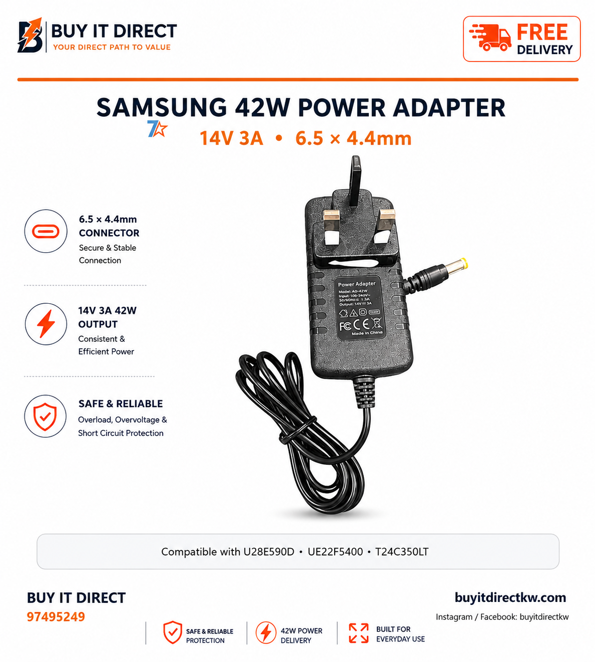 Samsung LCD LED Monitor 42W Power Adapter 14V 3A 6 5 x 4 4mm Compatible with U28E590D UE22F5400 T24C350LT