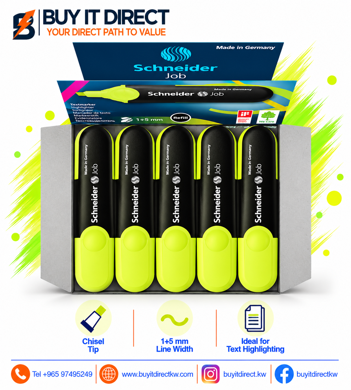 Schneider Job 1+5 mm Yellow Textmarker Highlighters Pack of 10