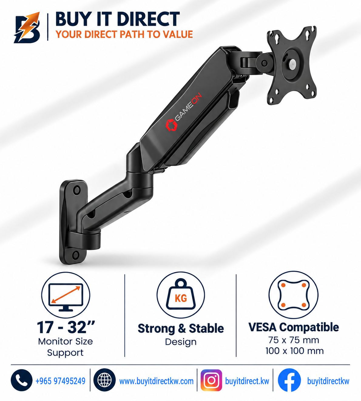 ذراع شاشة GameOn GO-5015 مفرد مقاس 17-32 بوصة