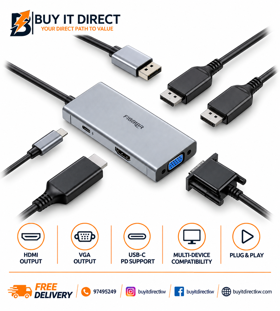 DisplayPort Splitter 8K 2 Port DP 1 Port HDMI 1 Port VGA