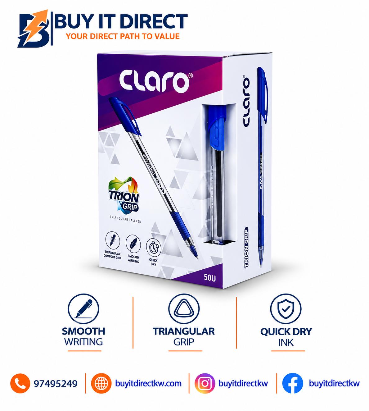 قلم حبر جاف Claro Trion مثلث أزرق عبوة 50