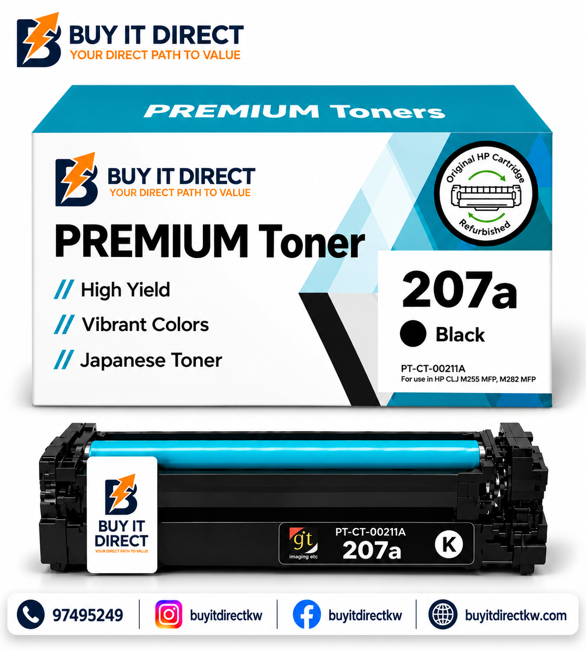 خرطوشة تونر Premium 207A أسود متوافقة W2210A لطابعات HP Color LaserJet Pro M255 وM282 وM283