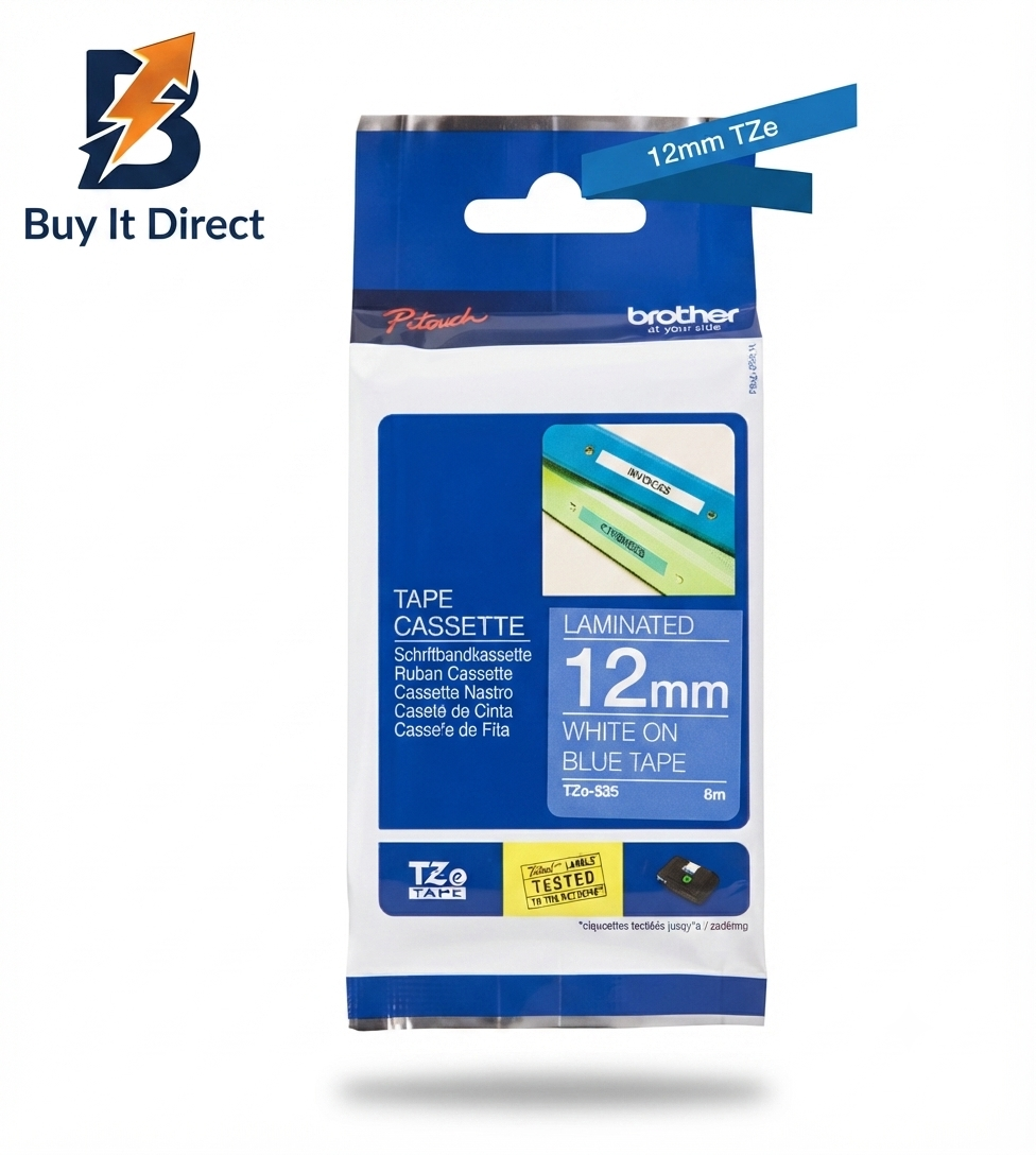 Brother Genuine TZe-535 Labelling Tape Cassette – White on Blue, 12mm Wide
