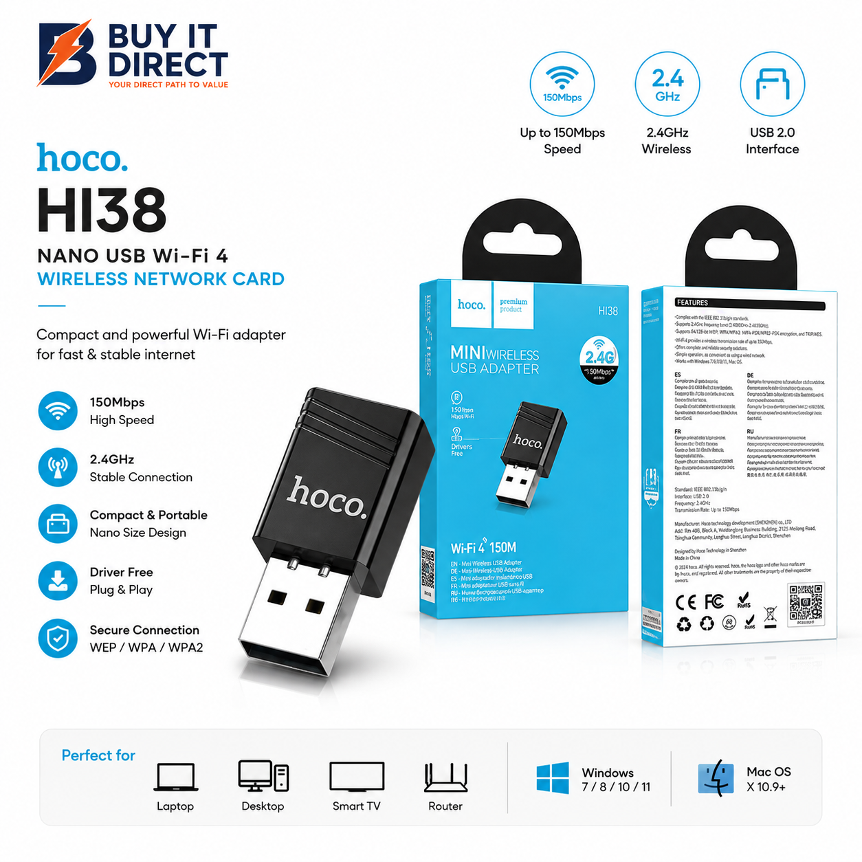 Hoco USB WiFi 4 Wireless Network Card 150Mbps 2.4GHz