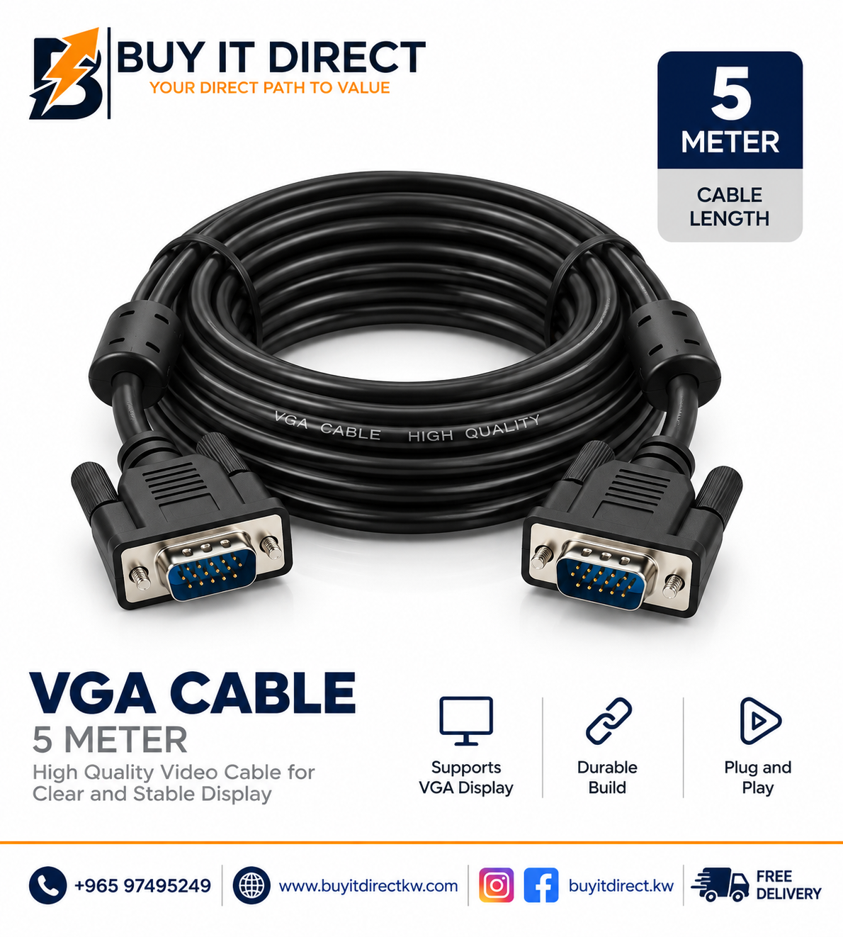 كابل VGA ‏15 سن ذكر إلى ذكر بطول 5 متر