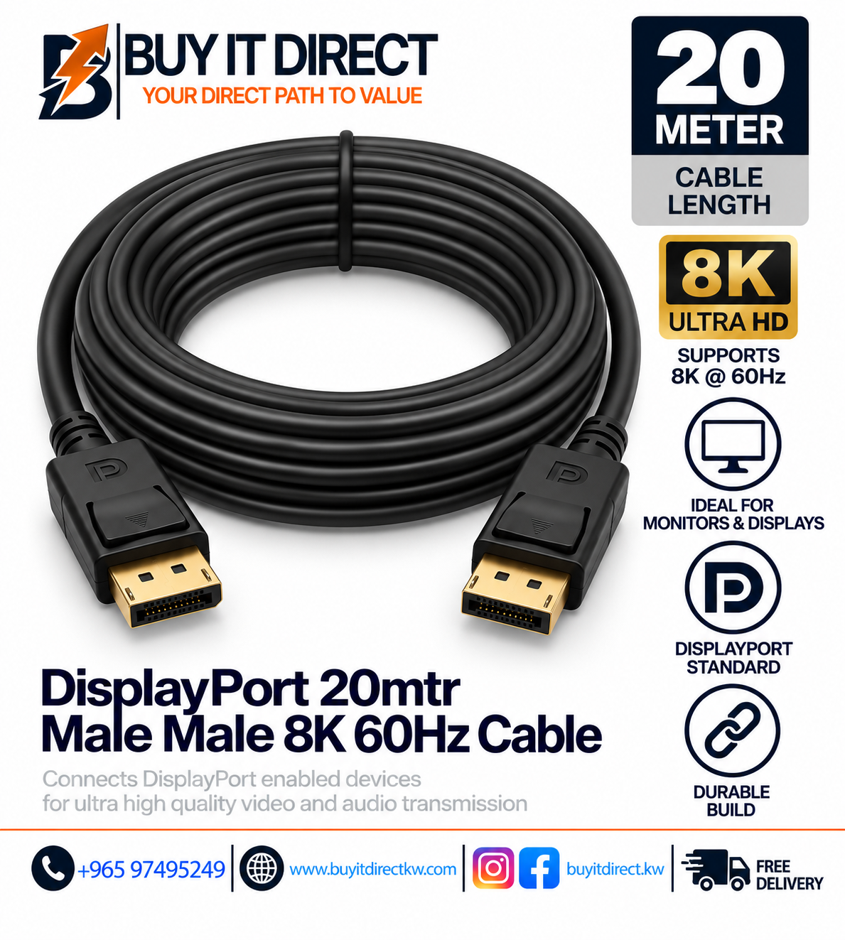 كابل DisplayPort ذكر ذكر 20 متر 8K 60Hz