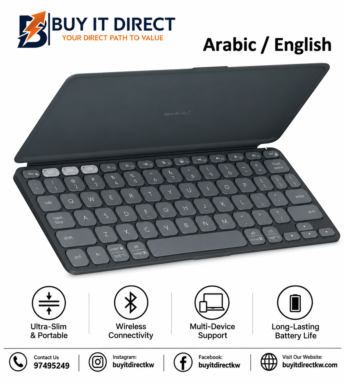 لوحة مفاتيح Logitech Keys To Go 2 اللاسلكية فائقة الحمل مع غطاء ودعم عدة أجهزة عربي وإنجليزي