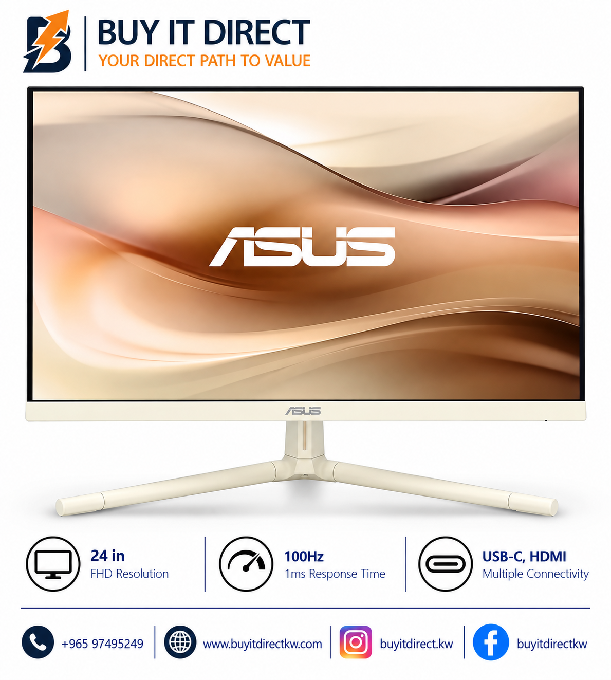 ASUS VU249CFE 24in FHD 100Hz 1ms IPS USB-C HDMI Eye Care Monitor Beige