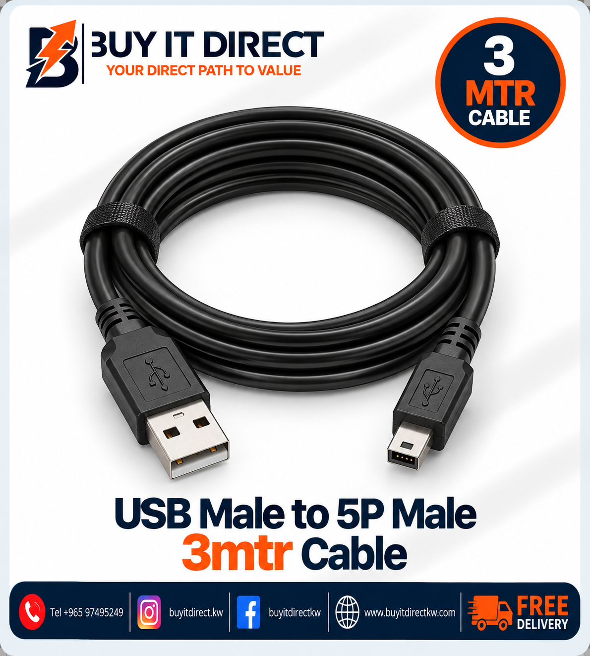 USB Male to 5P Male 3mtr Cable