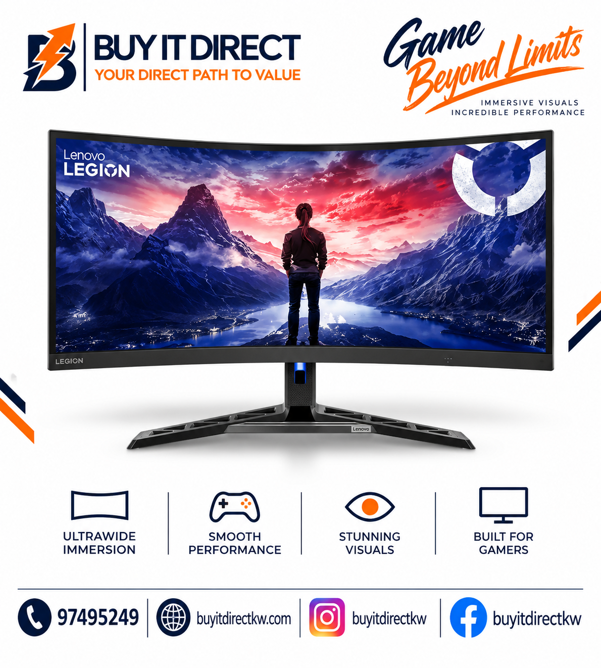 شاشة الألعاب Lenovo Legion R34w-30 مقاس 34 بوصة بدقة WQHD منحنية وتردد 180 هرتز وزمن استجابة 0.5 مللي ثانية مع HDMI 2.1 وDisplayPort 1.4 وسماعات