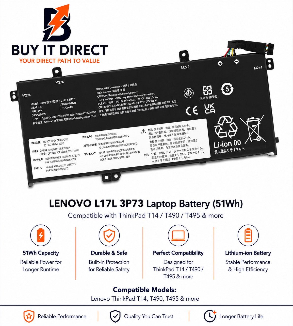Lenovo L17L3P73 51Wh Laptop Battery for ThinkPad T14 T490 T495