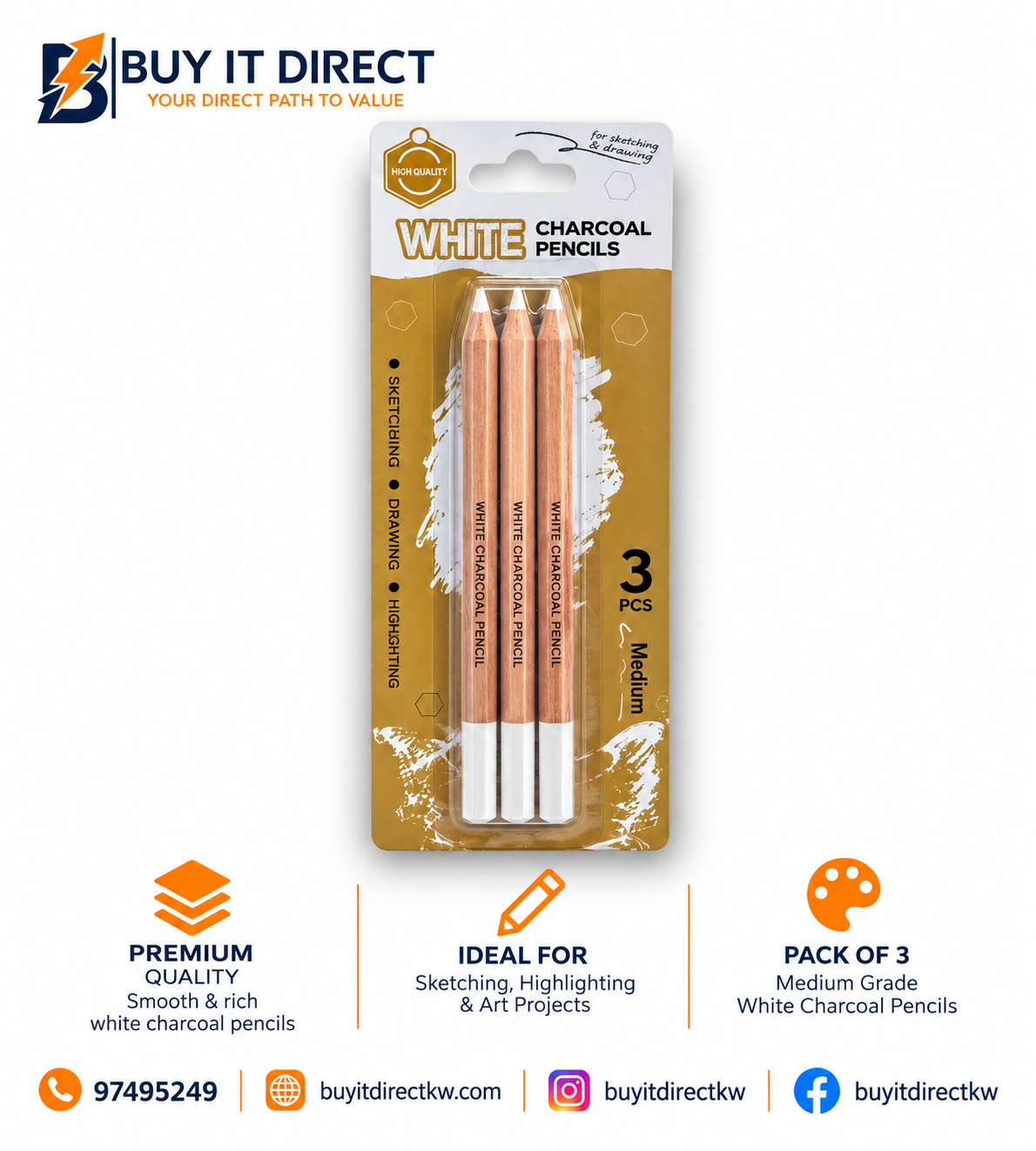White Charcoal Pencil – Medium