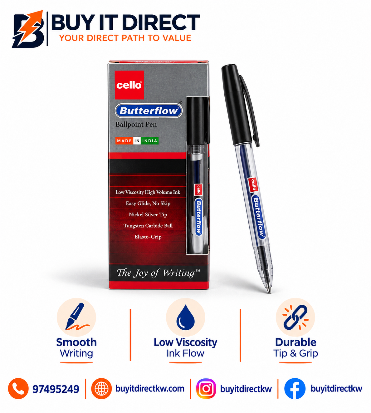 أقلام حبر جاف Butterflow سوداء 0.7 مم عبوة 12 قلم