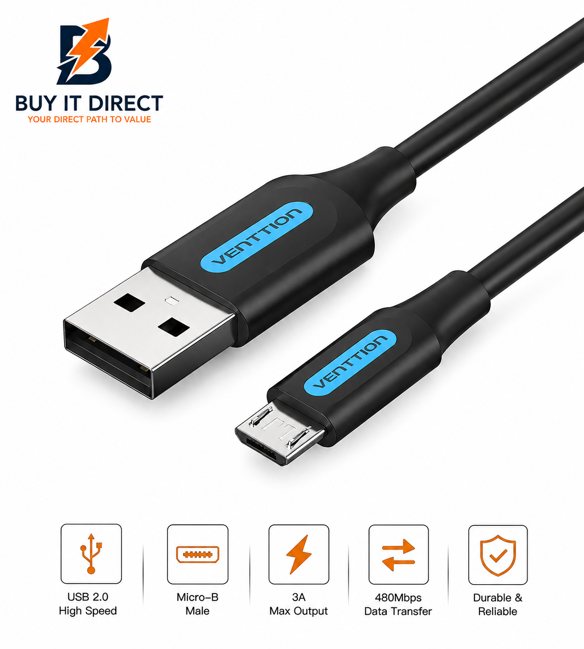 USB 2.0 Type A Male to Micro B Male 3A Cable 1.5M Black