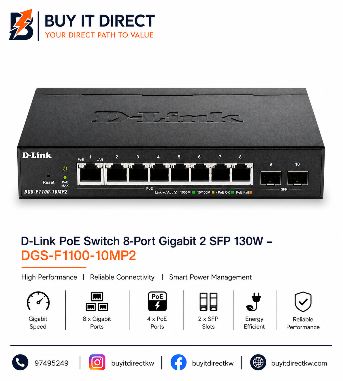 مفتاح PoE من D Link DGS F1100 10MP2 ذو 8 منافذ Gigabit مع منفذي SFP بقدرة 130 واط