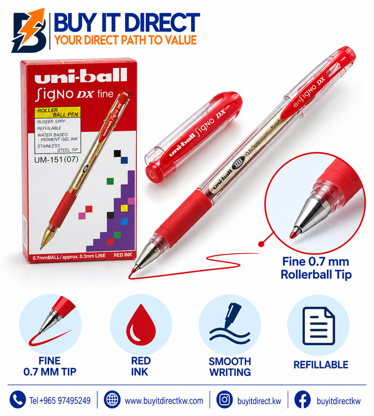 أقلام uni-ball Signo DX Fine Roller Ball أحمر - عبوة 12 قلم