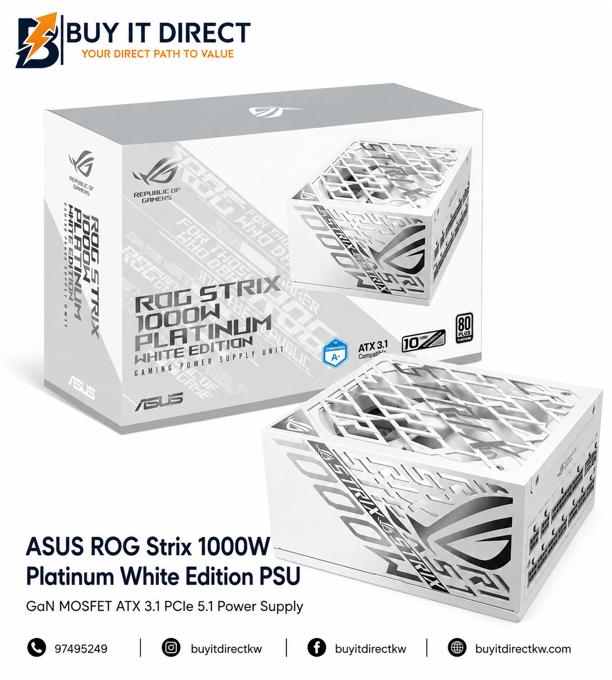 ASUS ROG Strix 1000W Platinum White Edition PSU GaN MOSFET ATX 3.1 PCIe 5.1 Power Supply