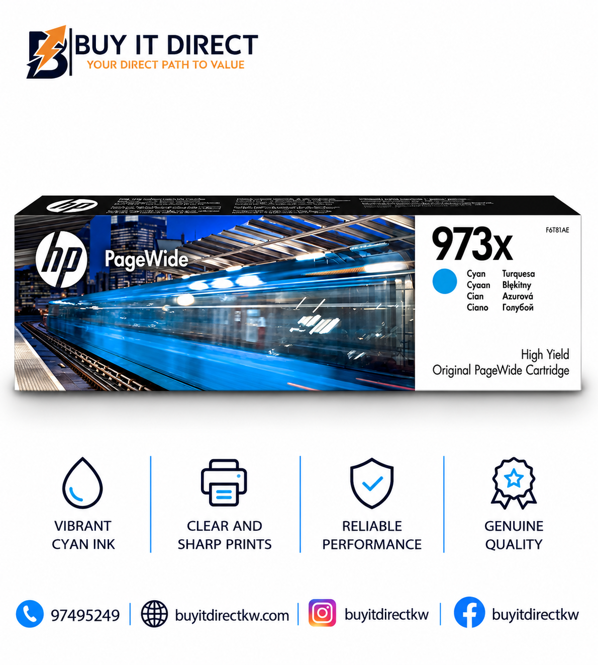 خرطوشة حبر HP 973X أصلية سماوية عالية الإنتاجية لطابعات PageWide