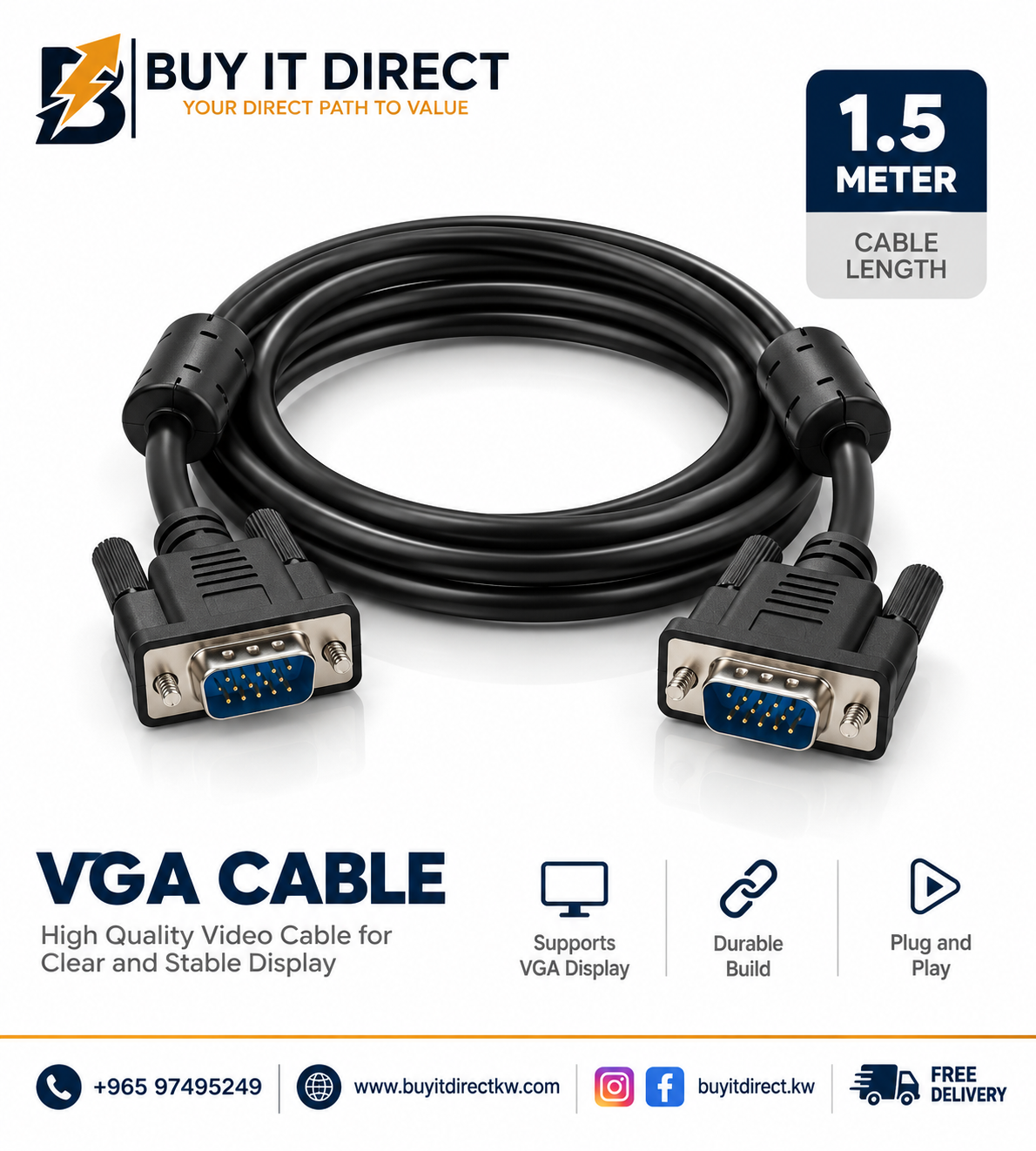 كابل VGA من 15 دبوس ذكر إلى 15 دبوس ذكر بطول 1.5 متر