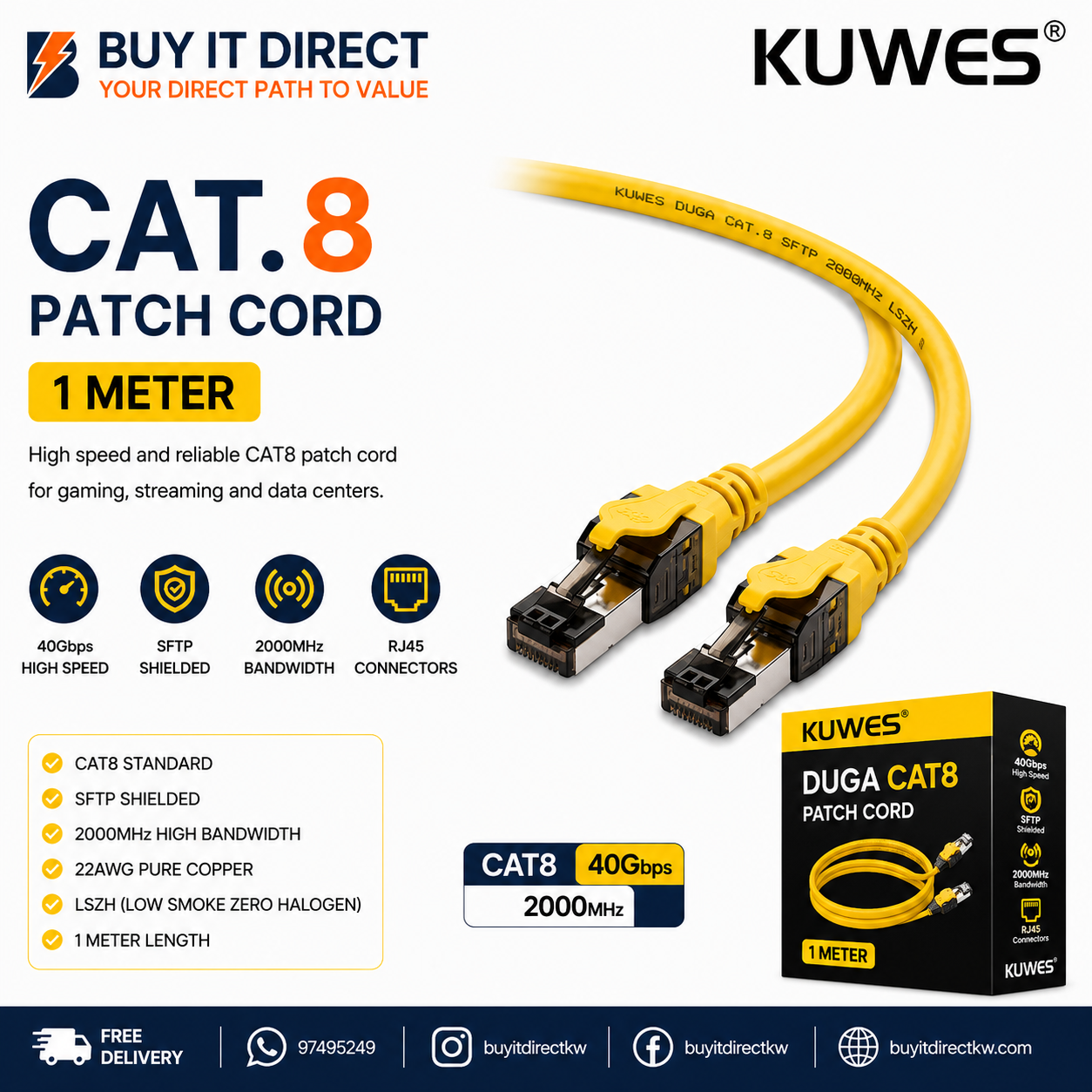 KUWES DUGA CAT8 Patch Cord LAN Network Cable 1 Meter