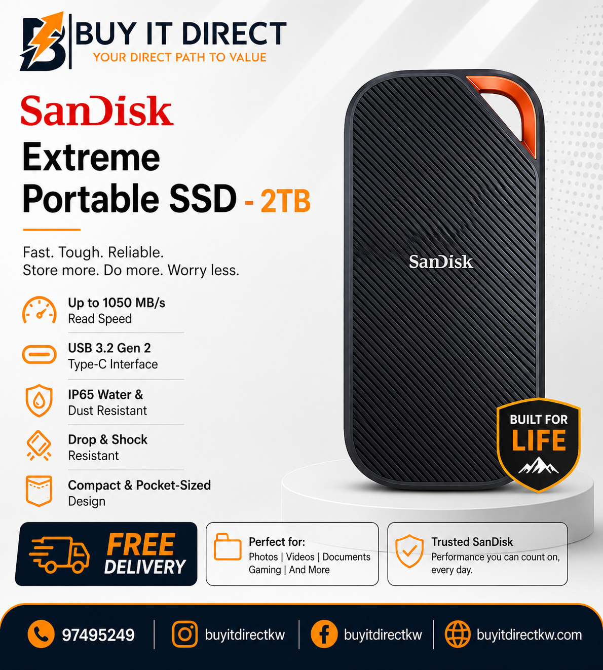 قرص SanDisk Extreme المحمول SSD بسعة 2 تيرابايت USB Type-C باللون الأسود
