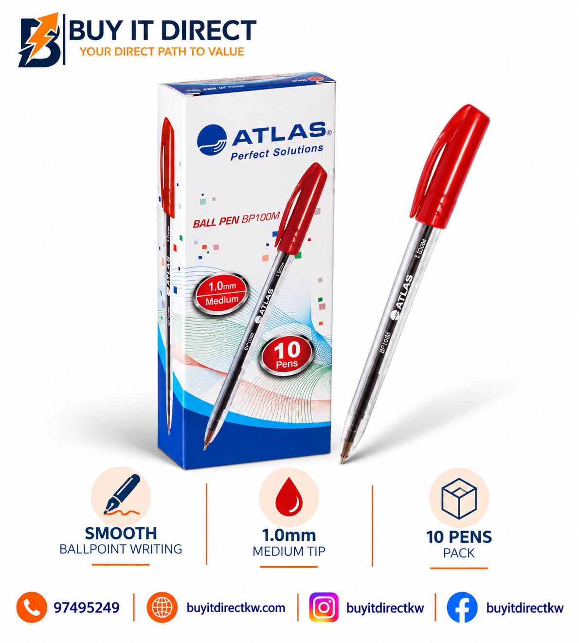 Ball Pen BP100M Red Ink 1.0 mm Medium Tip Pack of 10