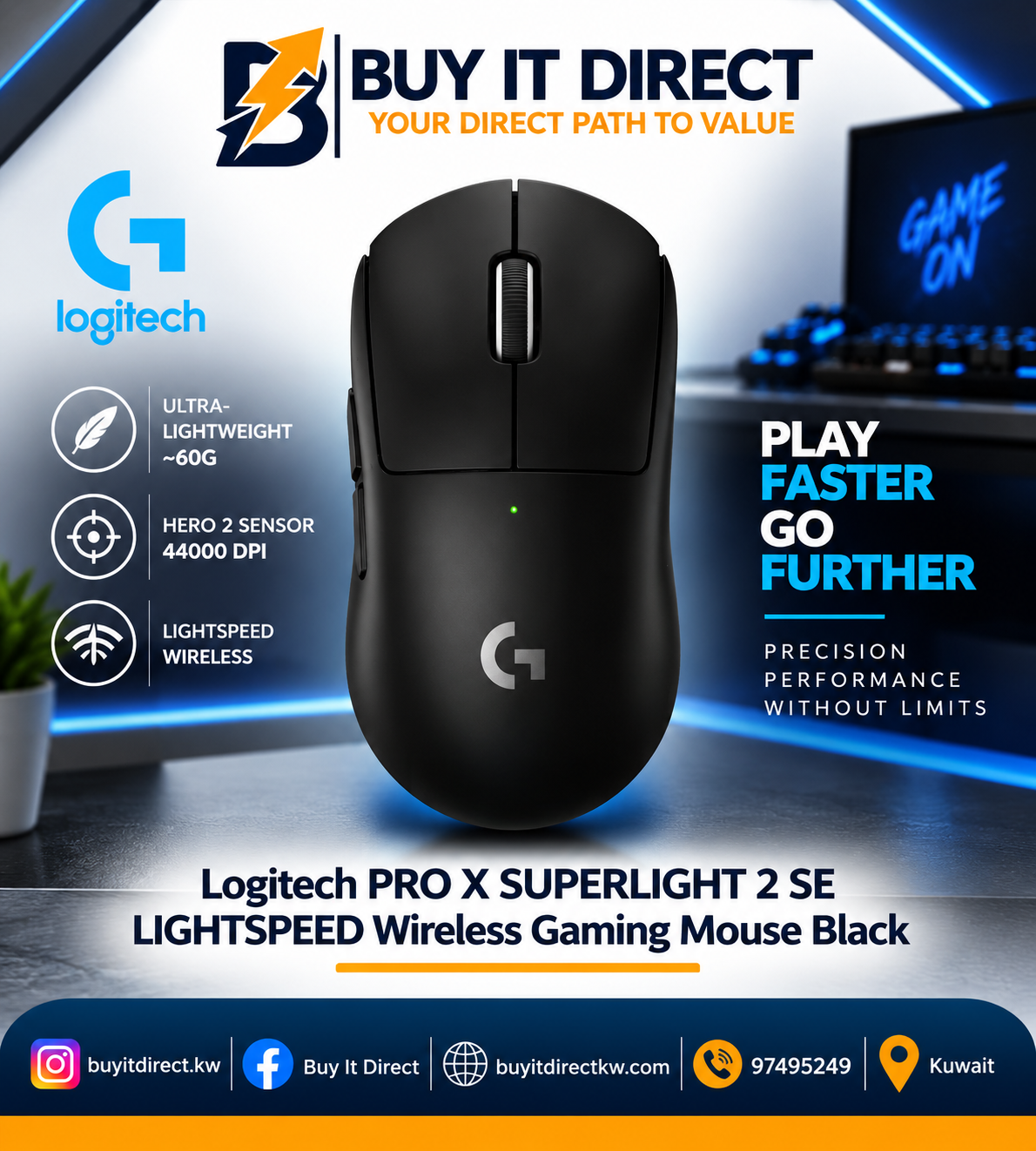 ماوس لوجيتك PRO X SUPERLIGHT 2 SE لاسلكي للألعاب بتقنية LIGHTSPEED أسود