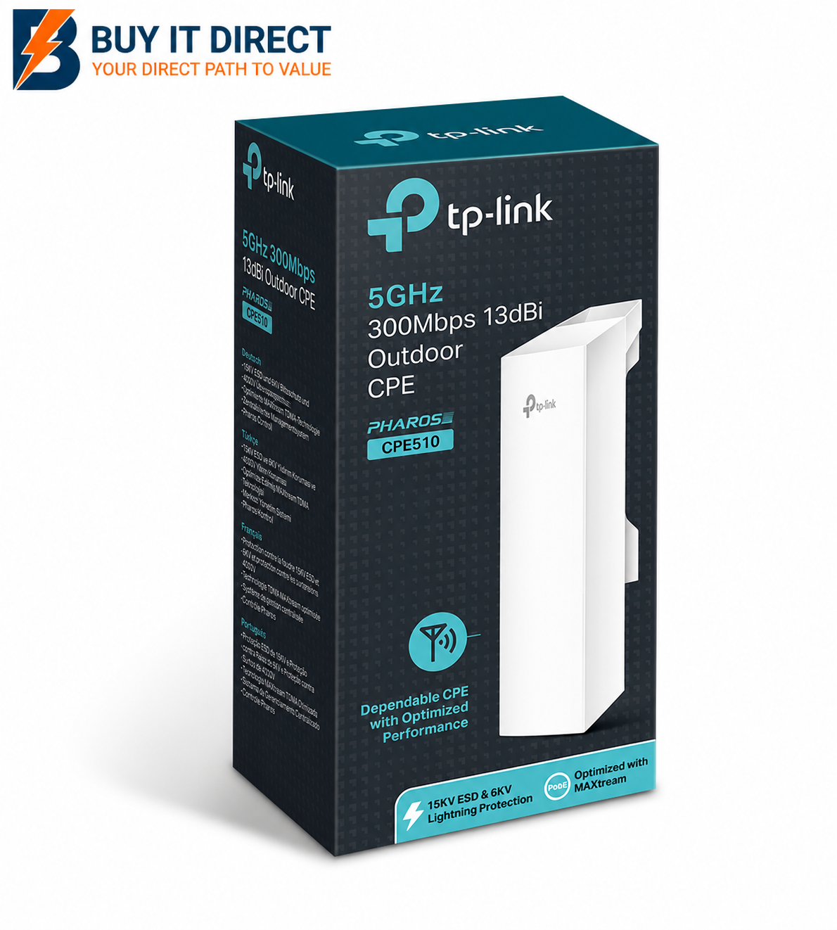 جهاز TP-Link CPE510 للشبكات اللاسلكية الخارجية (CPE) ونقطة الوصول، بتردد 5 جيجاهرتز وسرعة 300 ميجابت في الثانية، مزود بهوائي MIMO وكسب إشارة 13dBi.