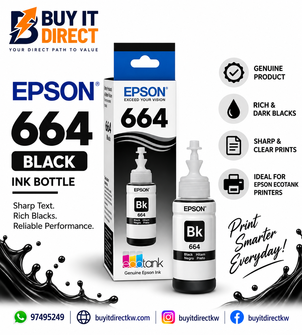 Epson 664 EcoTank Black Original Ink Bottle – C13T66414A