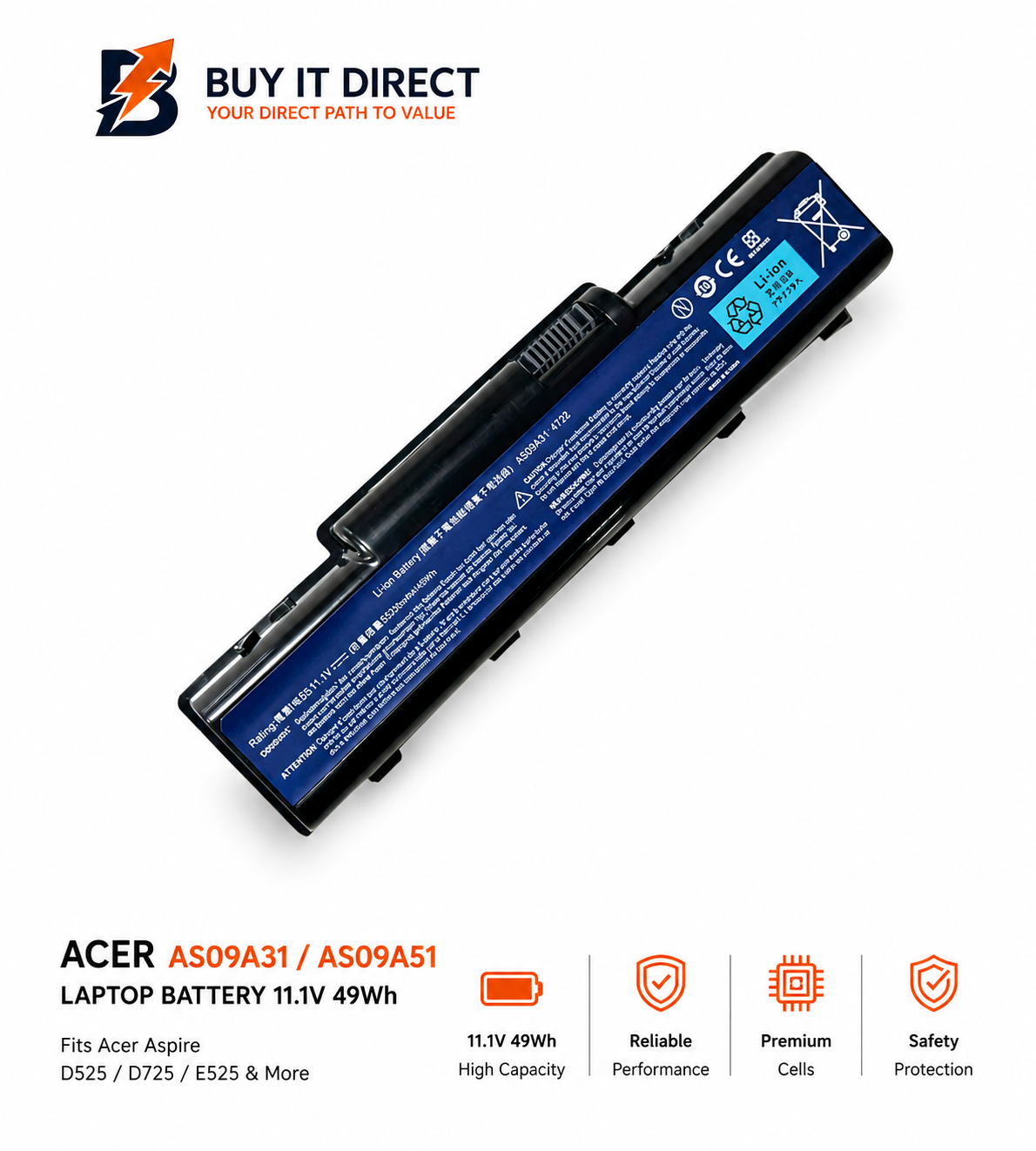بطارية لابتوب ايسر AS09A31 AS09A51 بجهد 11.1 فولت وسعة 49 واط ساعة لاجهزة اسباير D525 و D725 و E525 واكثر
