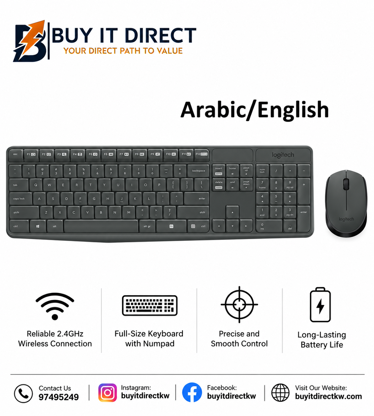 Logitech MK235 Wireless Keyboard and Mouse Combo 2.4GHz Arabic English