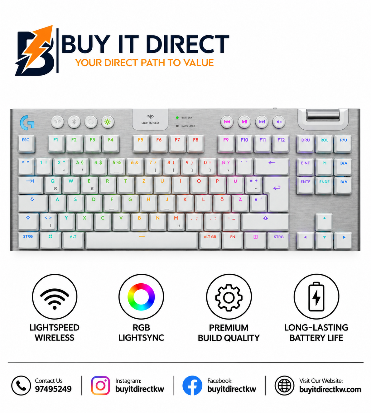 لوحة مفاتيح الألعاب الميكانيكية Logitech G915 X LIGHTSPEED TKL اللاسلكية RGB بمفاتيح Tactile باللون الأبيض