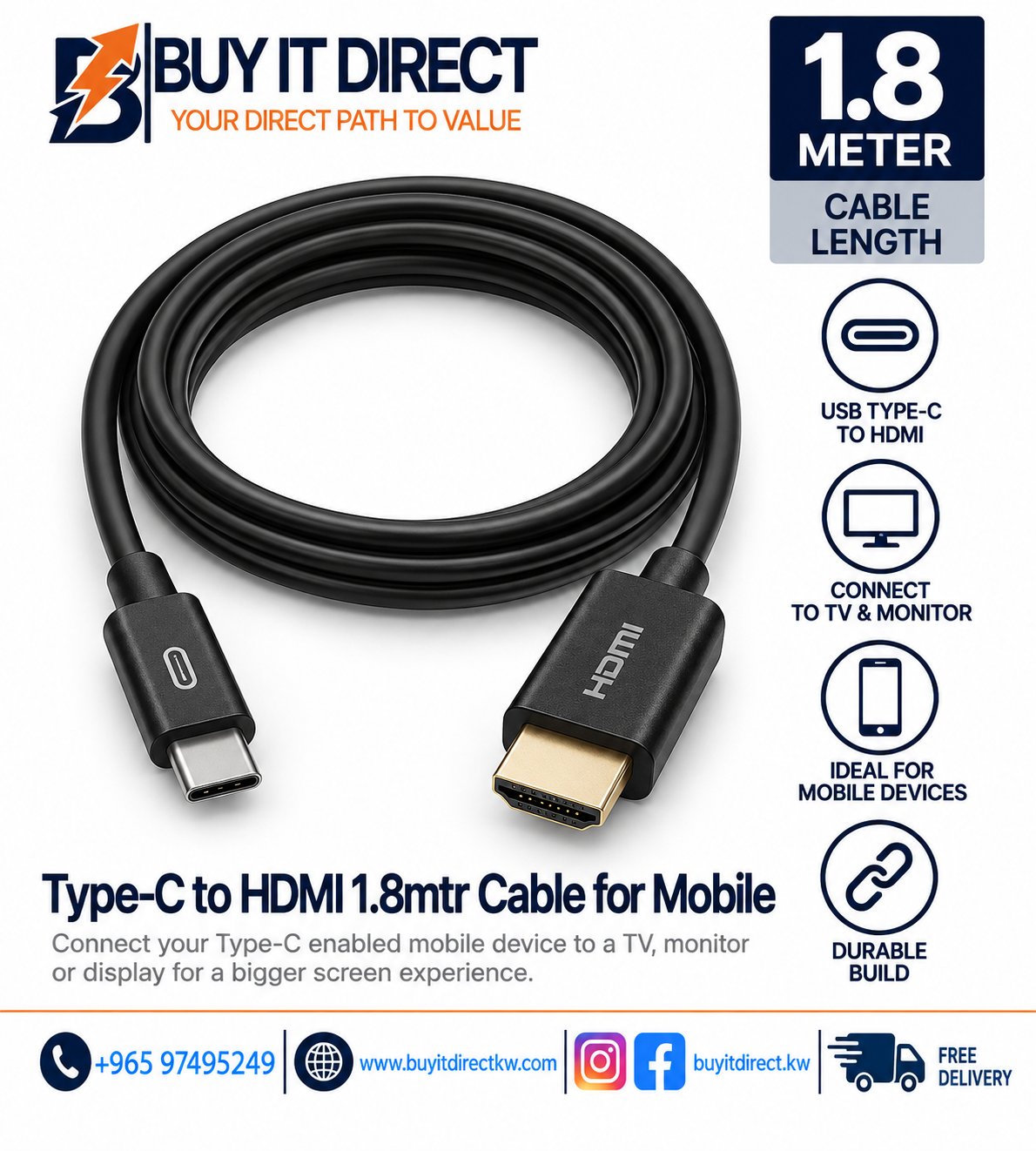 كابل Type-C إلى HDMI بطول 1.8 متر للهواتف المحمولة