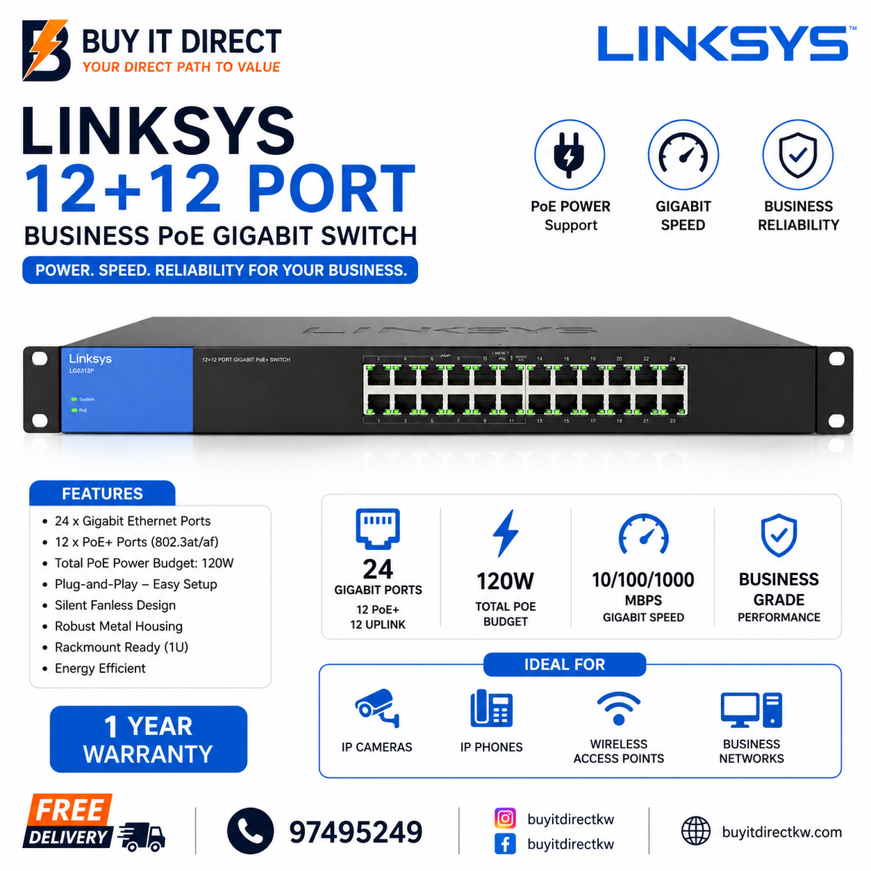 سويتش شبكة Linksys للأعمال 12 زائد 12 منفذ PoE جيجابت