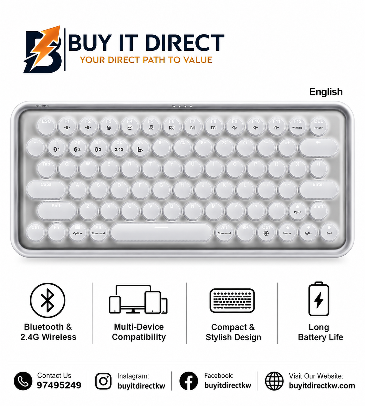 Rapoo Ralemo Pre 5 Compact Multi-Mode Mechanical Wireless Keyboard White English