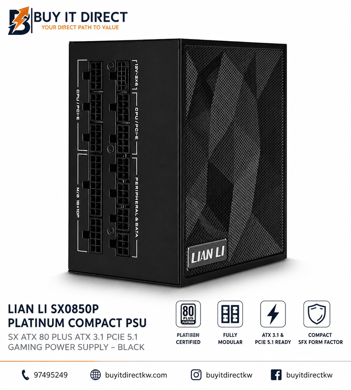 LIAN LI SX0850P Platinum Compact PSU SX ATX 80 PLUS ATX 3.1 PCIE 5.1 Gaming Power Supply – Black