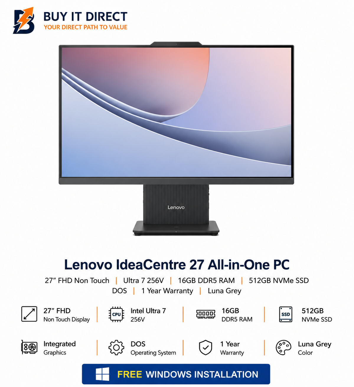 Lenovo IdeaCentre All in One PC 27 27 Inch FHD Non Touch Ultra 7 256V 16GB DDR5 RAM 512GB NVMe SSD DOS 1 Year Warranty Luna Grey Free Windows Installation