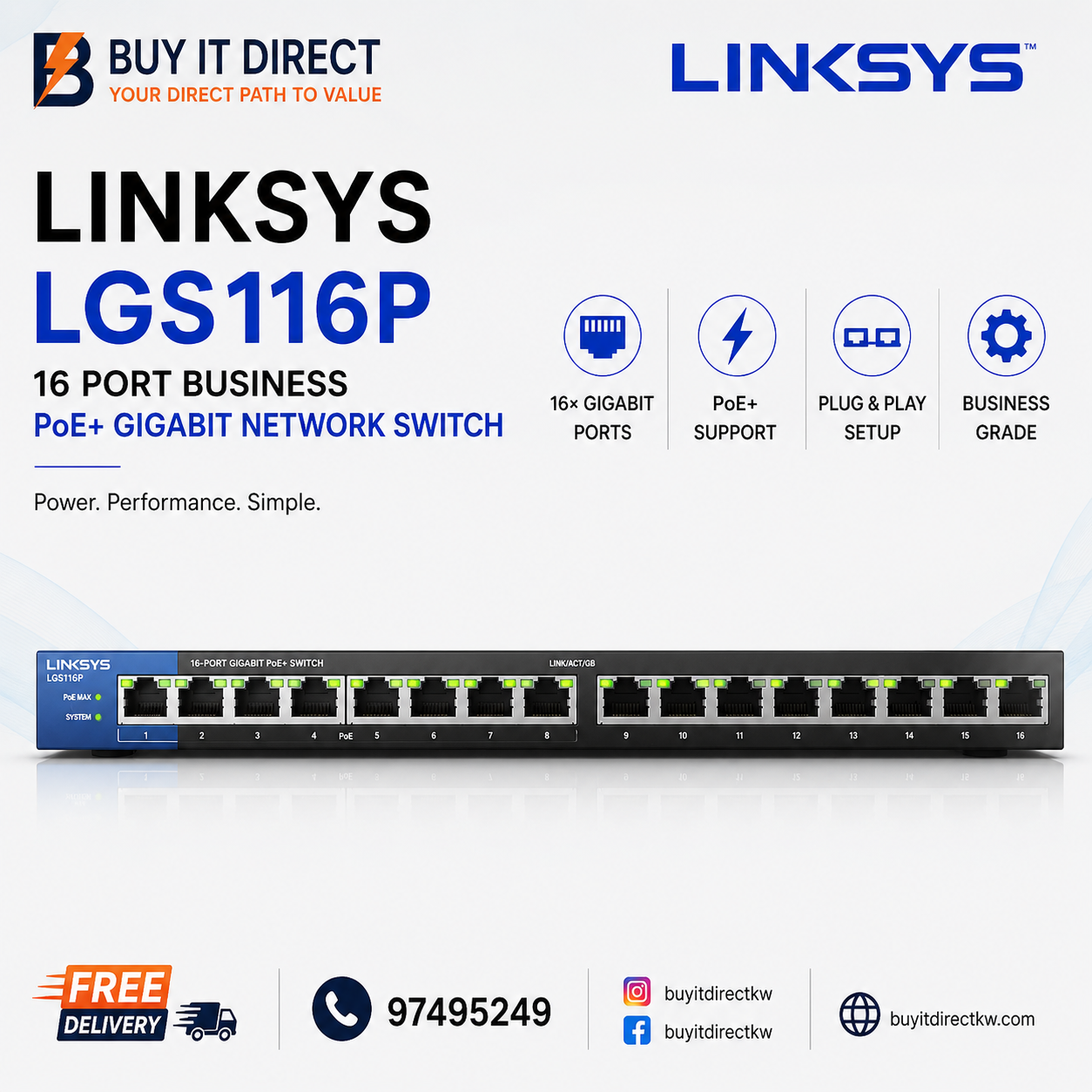 Linksys LGS116P 16 Port Business PoE Plus Gigabit Network Switch