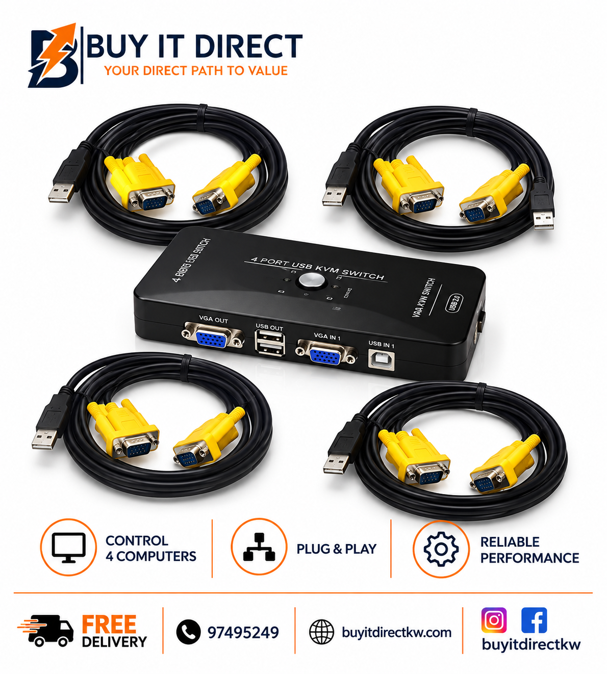مفتاح KVM VGA بـ 4 منافذ مع كابل