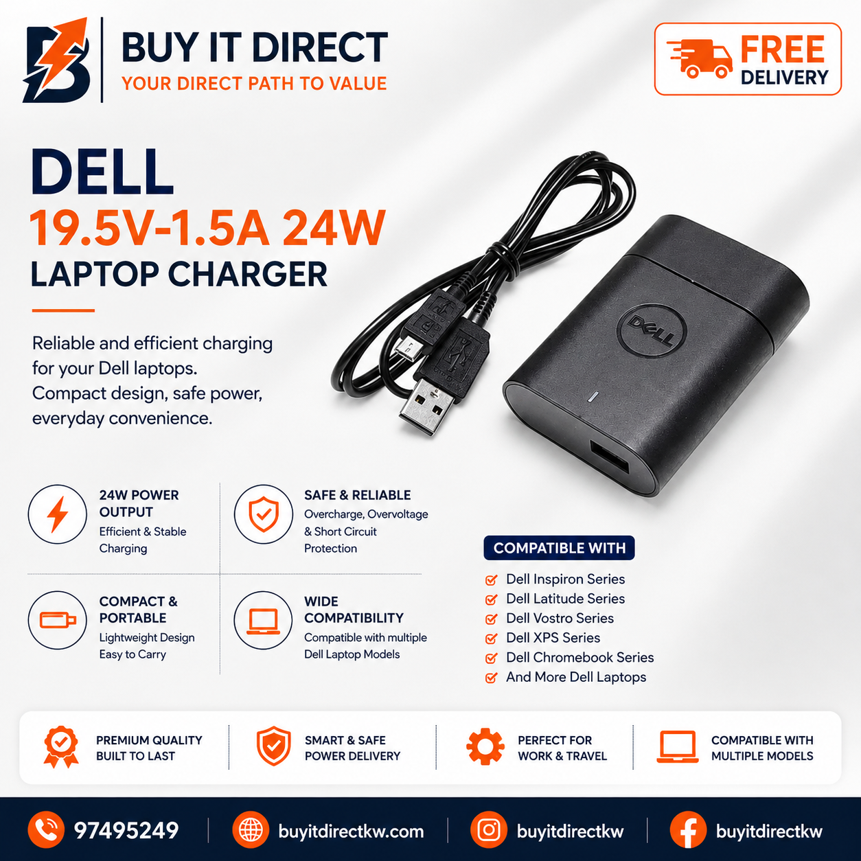 Dell 24W 19.5V 1.5A Laptop Charger with Power Cable