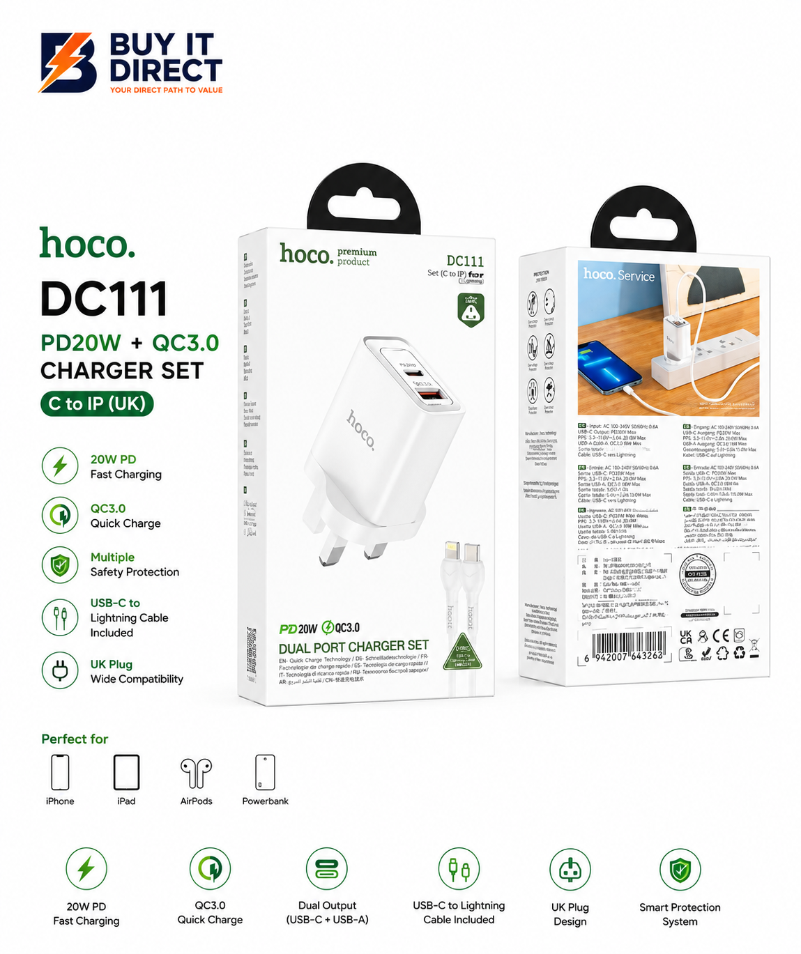 Hoco DC111 PD20W + QC3.0 Charger Set C to IP UK