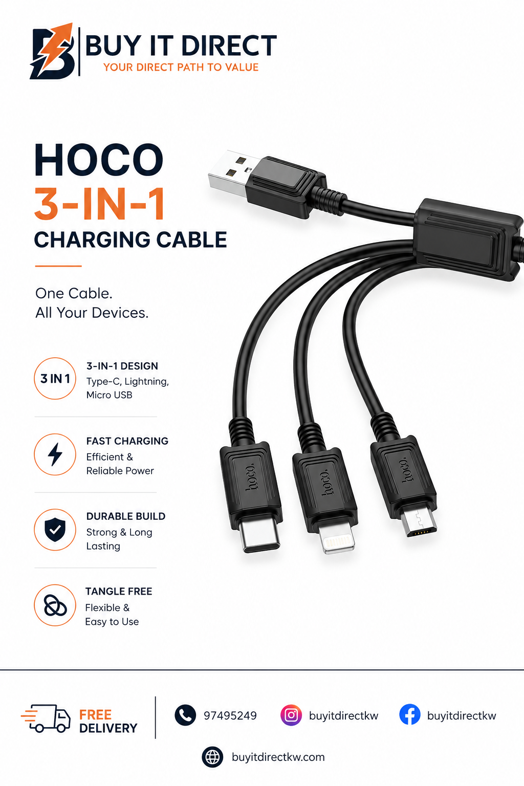 X74 3 in 1 Charging Cable iPhone Micro USB Type C