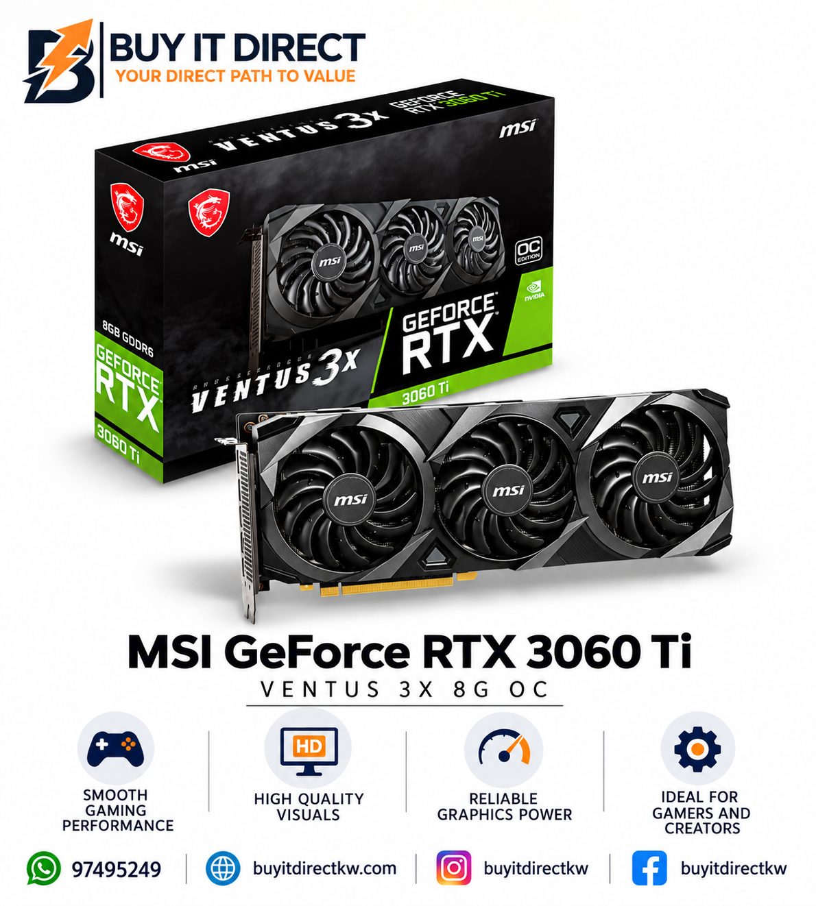 بطاقة رسومات MSI GeForce RTX 3060 Ti VENTUS 3X 8G OC LHR سعة 8 جيجابايت