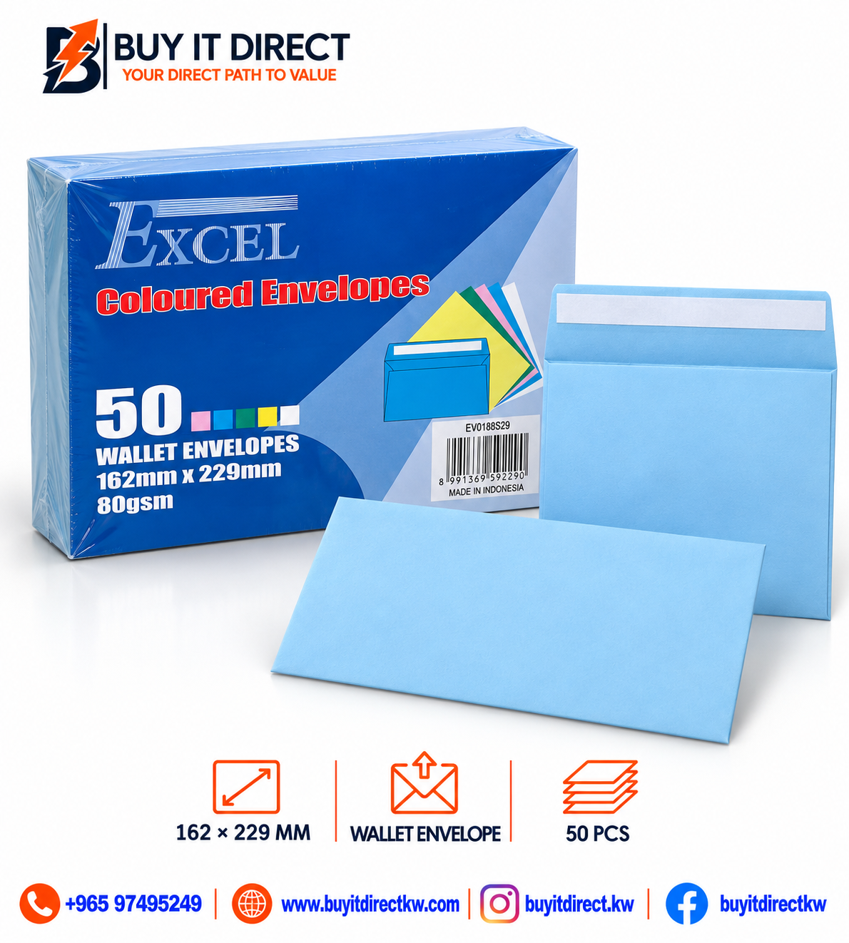 Coloured Envelopes Light Blue 162 × 229mm – 50 Pcs