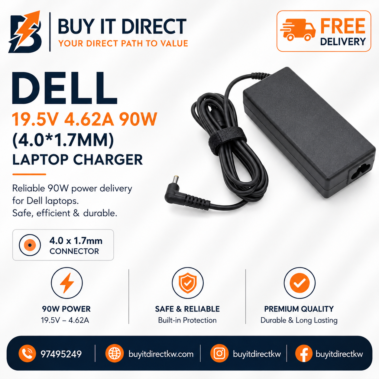 Dell 90W 19.5V 4.62A Laptop Charger with Power Cable 4.0 x 1.7mm